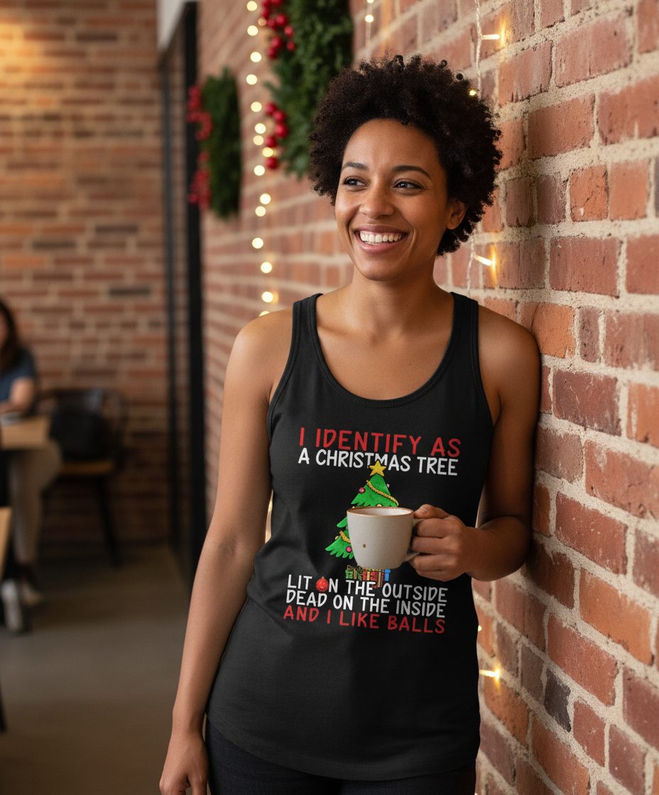 I Identify as a Christmas Tree Lit on the Outside Dead on the Inside and I Like Balls Christmas humor Tank Top Black