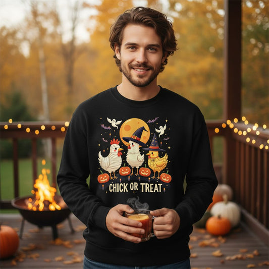 Chick or Treat Halloween chickens Sweatshirt Black lifestyle mockup