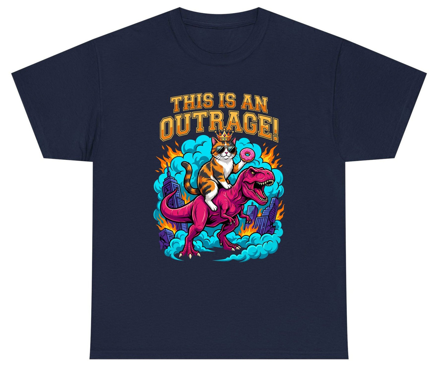 THIS IS AN OUTRAGE! Cat riding a T-Rex Youth T-Shirt Navy product mockup