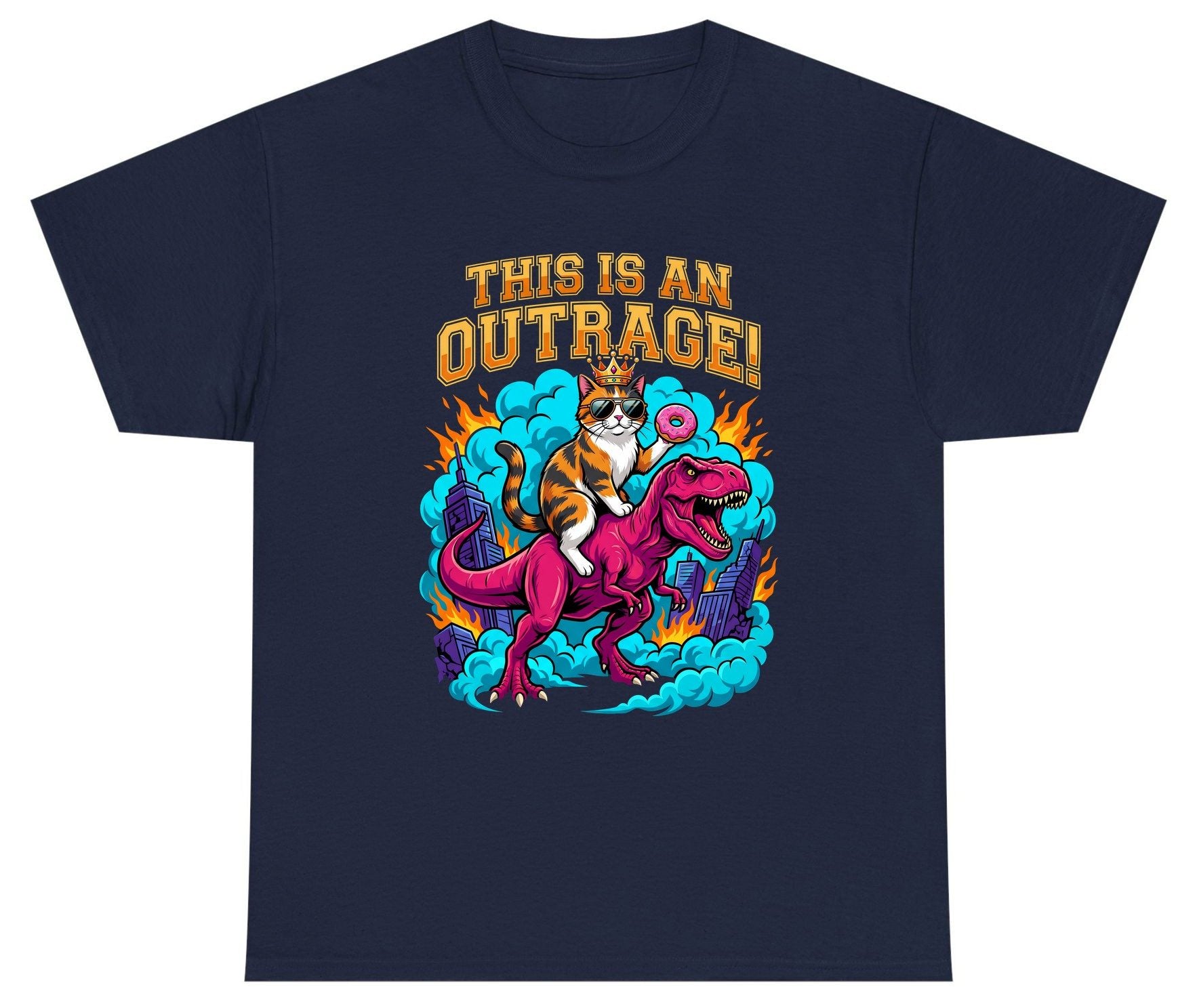 THIS IS AN OUTRAGE! Cat riding a T-Rex Youth T-Shirt Navy product mockup