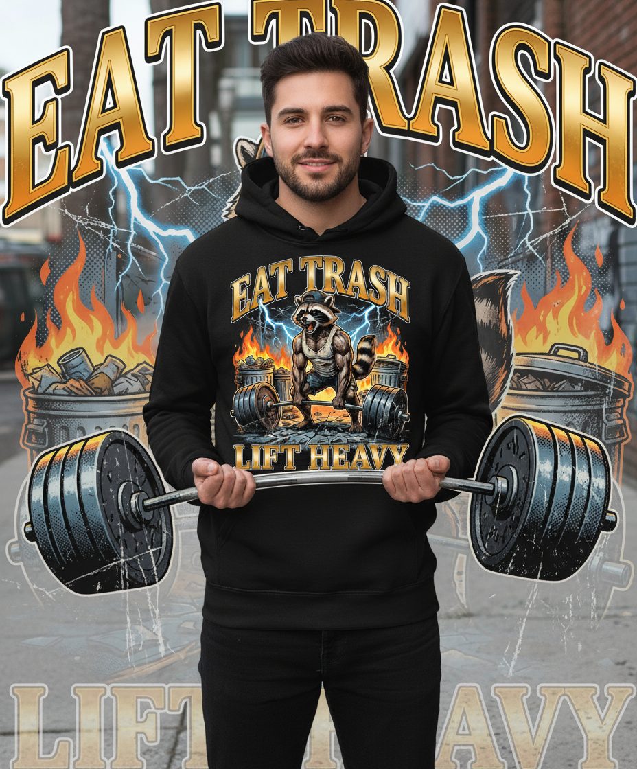 Eat Trash Lift Heavy raccoon Hoodie Black lifestyle mockup