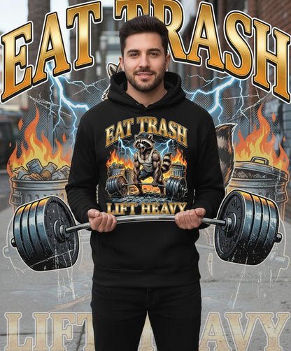 Eat Trash Lift Heavy raccoon Hoodie Black lifestyle mockup