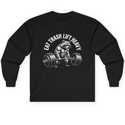 Eat Trash Lift Heavy raccoon Long Sleeve Tee Black product mockup