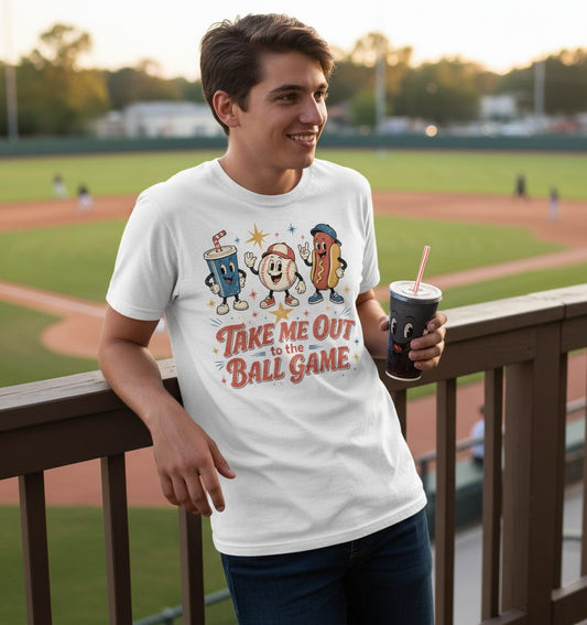 Take Me Out to the Ball Game Retro Baseball T-Shirt - lifestyle model mockup - White