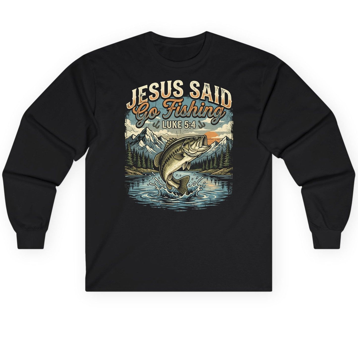JESUS SAID Go Fishing LUKE 5 4 Retro Christian Long Sleeve Tee - product mockup - Black