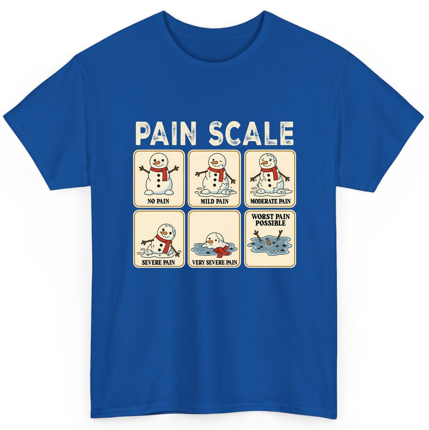 Pain Scale No Pain Mild Pain Moderate Pain Severe Pain Very Severe Pain Worst Pain Possible snowman T-Shirt Royal product