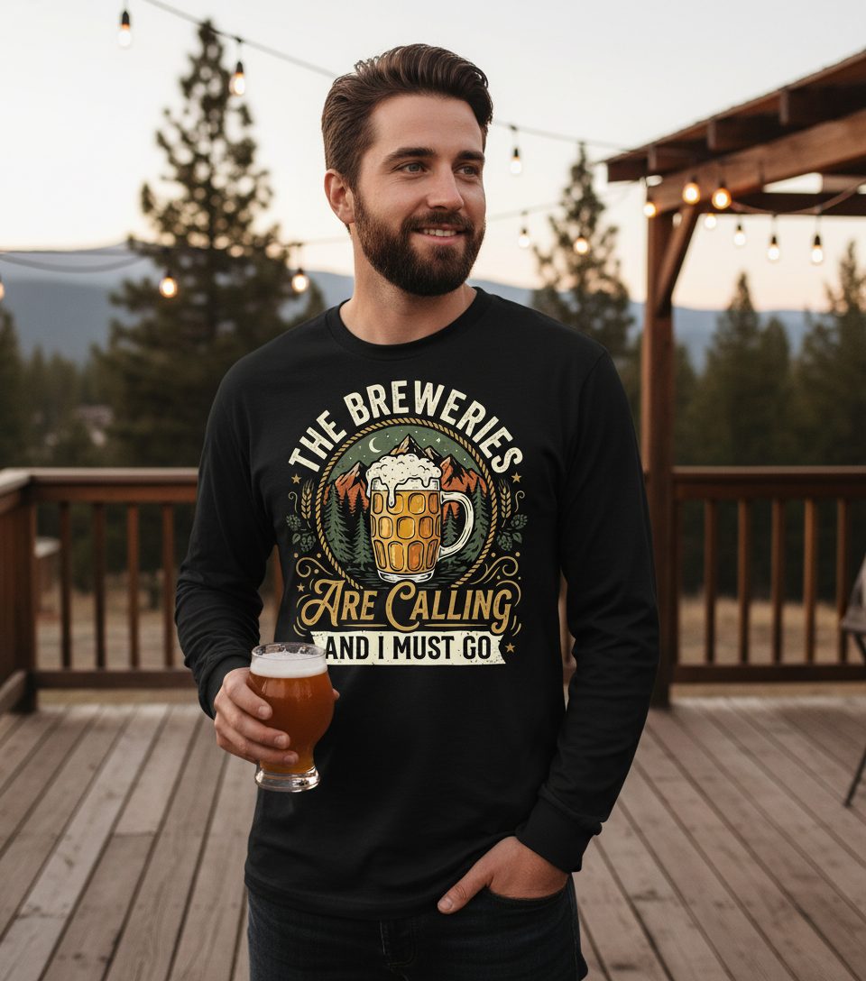 The Breweries Are Calling and I Must Go Long Sleeve Tee - lifestyle model mockup - Black