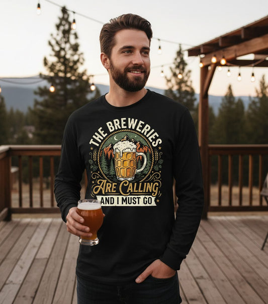The Breweries Are Calling and I Must Go Long Sleeve Tee - lifestyle model mockup - Black