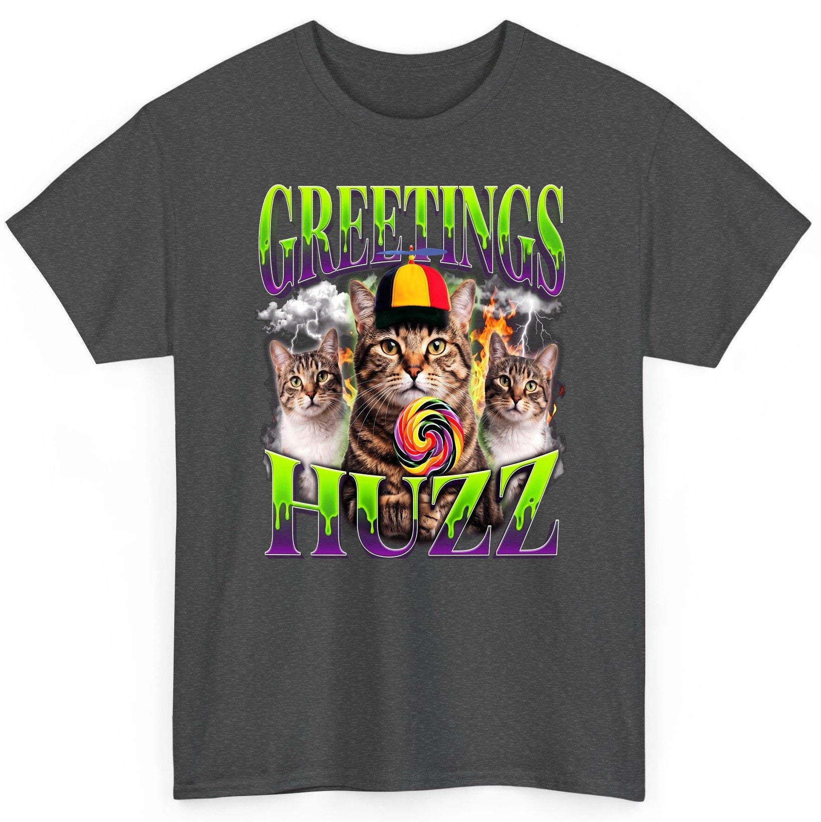 Greetings HUZZ Funny Cat T-Shirt - product mockup - Dark Heather