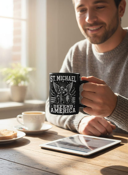 St Michael Defend America Patriotic Christian Black Mug - lifestyle model mockup - Black