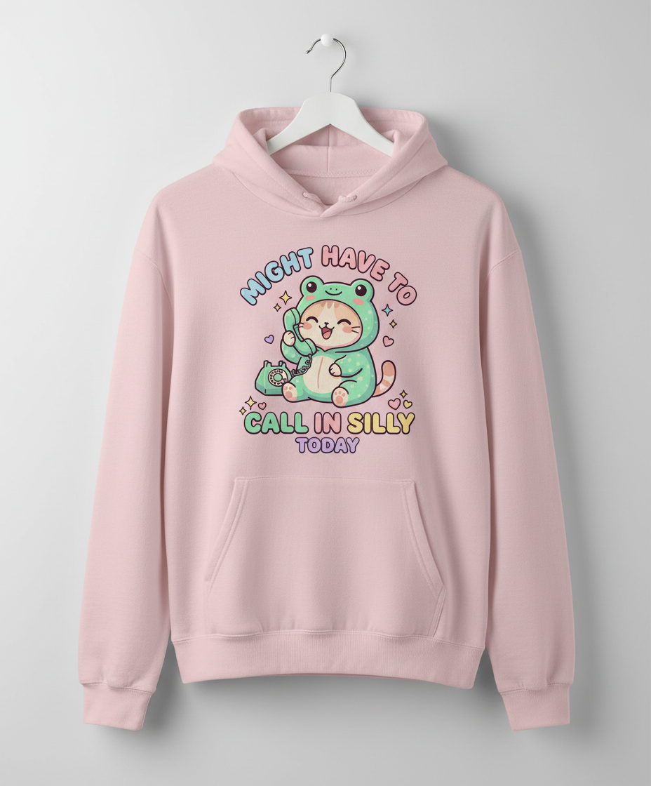 Kawaii Cat in Frog Costume Might Have To Call In Silly Today Hoodie - Light Pink