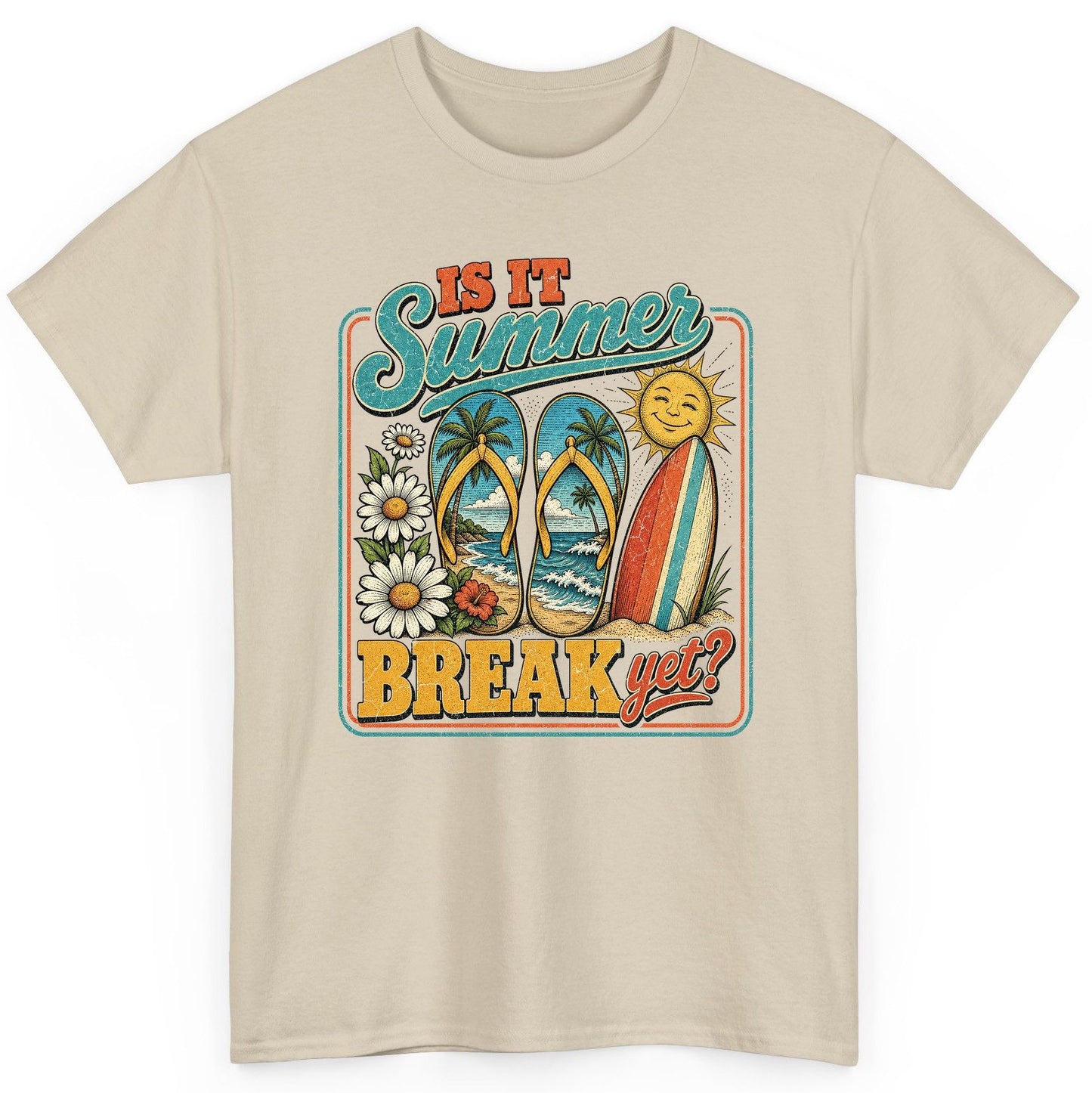 Is It Summer Break Yet Retro Vacation T-Shirt - product mockup - Sand