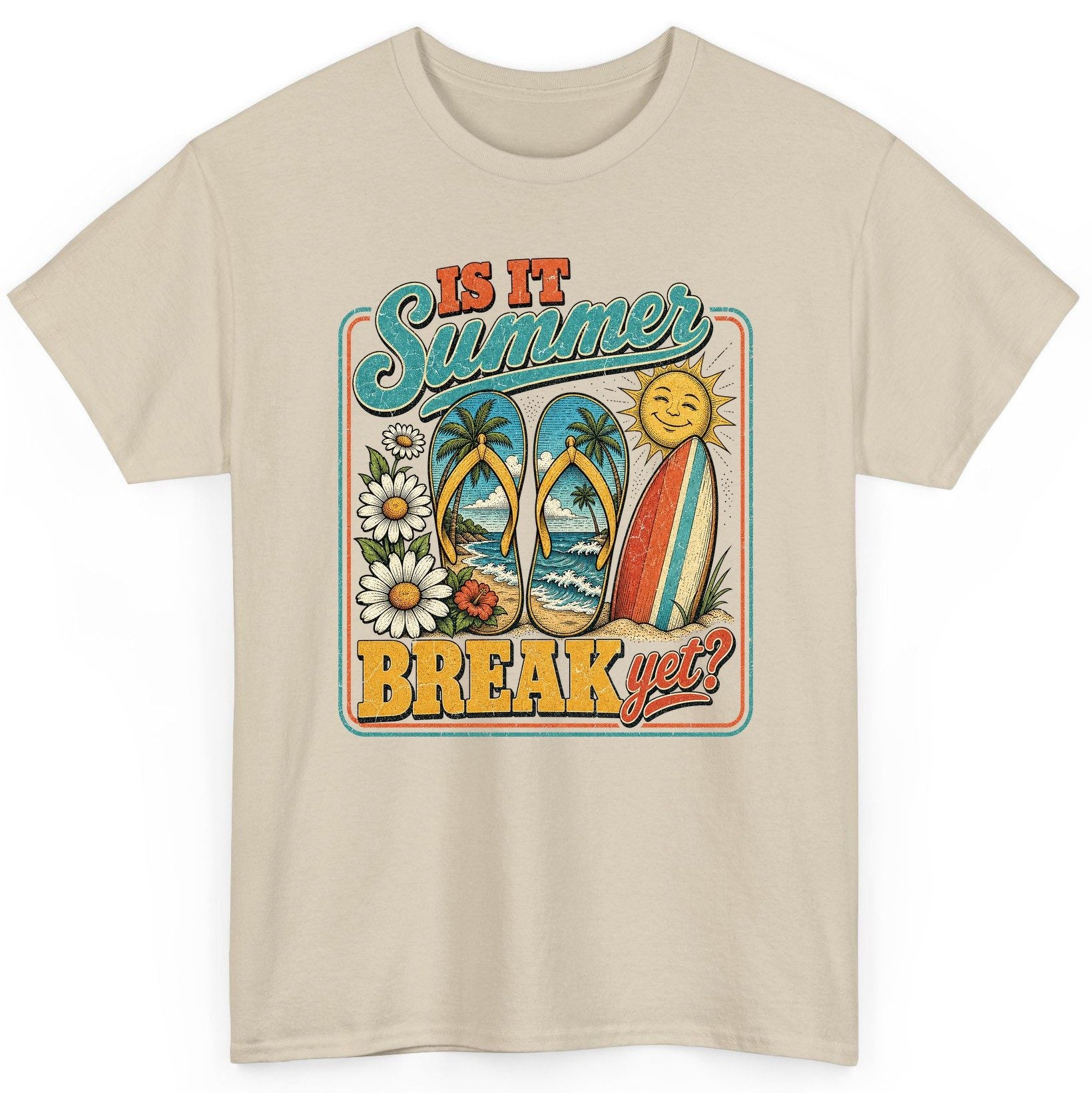 Is It Summer Break Yet Retro Vacation T-Shirt - product mockup - Sand