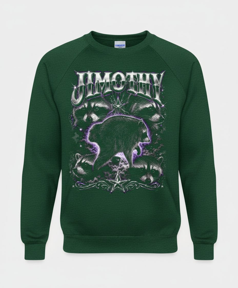 Jimothy Funny Raccoon Sweatshirt - product mockup - Forest Green