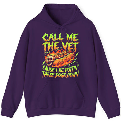 Call Me the Vet 'Cause I Be Puttin These Dogs Down sarcastic hot dog Hoodie Purple product mockup