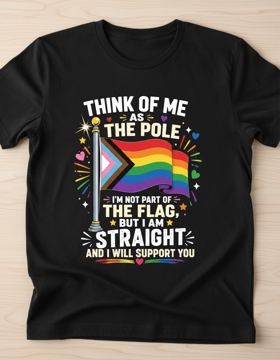 Straight Ally Pride Support 'Think of Me as the Pole' Design T-Shirt - Black