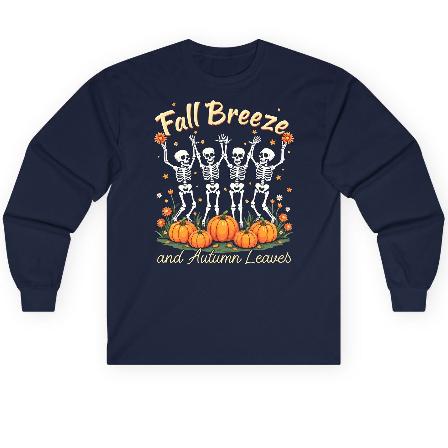 Fall Breeze and Autumn Leaves dancing skeletons Long Sleeve Tee Navy product mockup