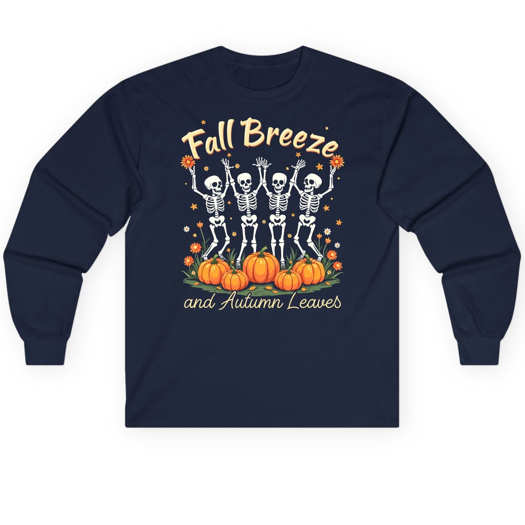 Fall Breeze and Autumn Leaves dancing skeletons Long Sleeve Tee Navy product mockup