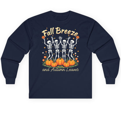 Fall Breeze and Autumn Leaves dancing skeletons Long Sleeve Tee Navy product mockup