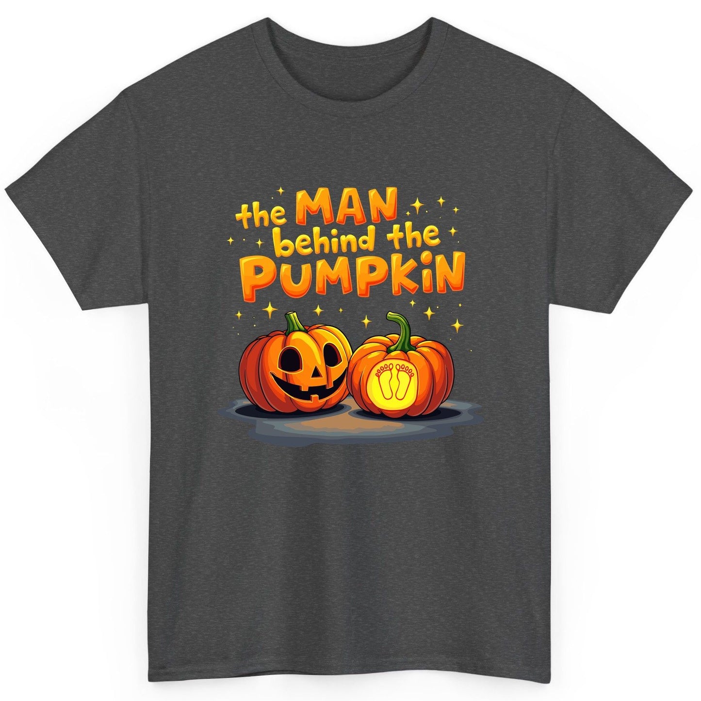 The Man Behind the Pumpkin Halloween pregnancy announcement T-Shirt Dark Heather product mockup