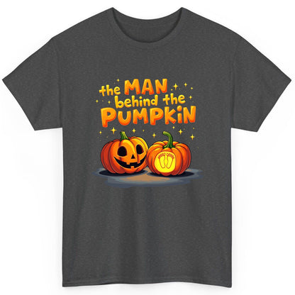 The Man Behind the Pumpkin Halloween pregnancy announcement T-Shirt Dark Heather product mockup