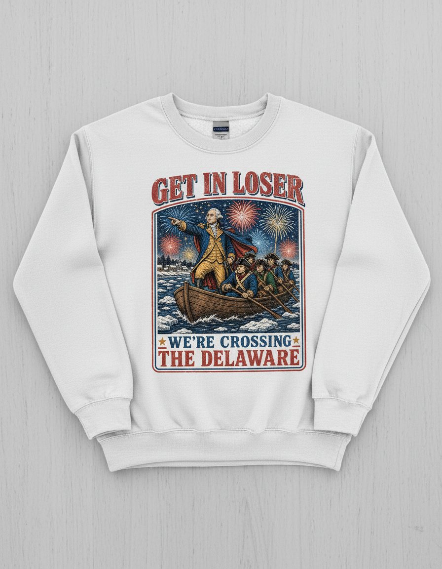 Get in Loser We're Crossing the Delaware Sweatshirt - product mockup - White