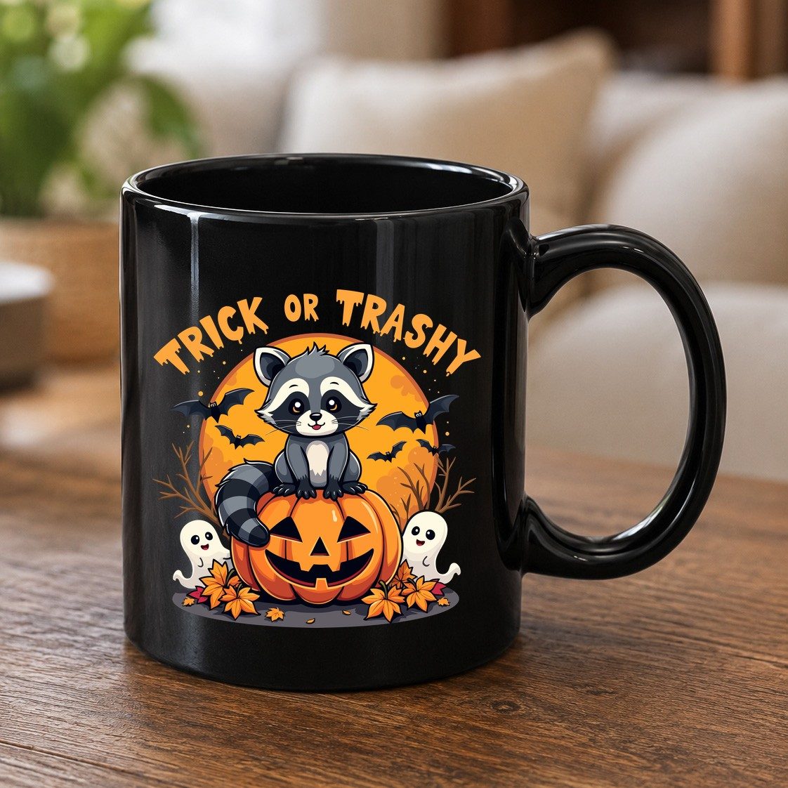 Trick or Trashy raccoon Black Mug Black product mockup