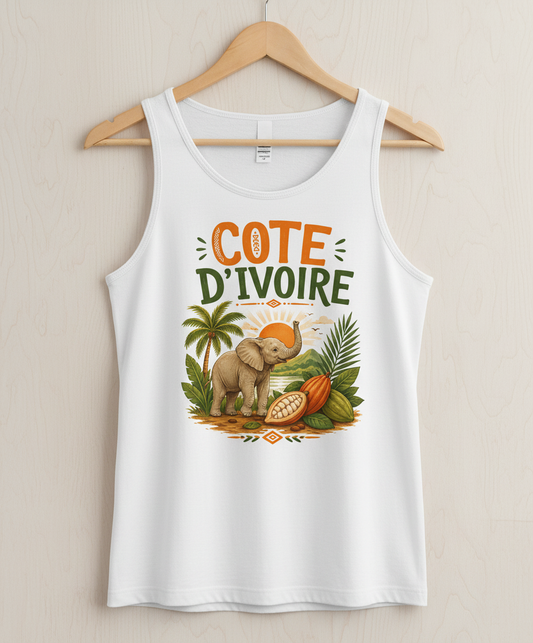 Cote D'Ivoire Elephant Travel Art Tank Top - product mockup - White