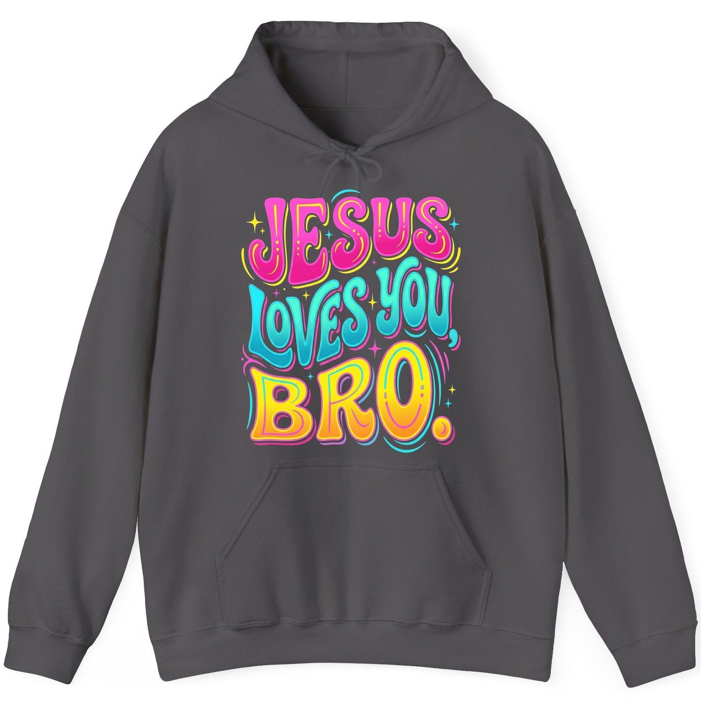 JESUS LOVES YOU BRO Retro Christian Hoodie - product mockup - Charcoal