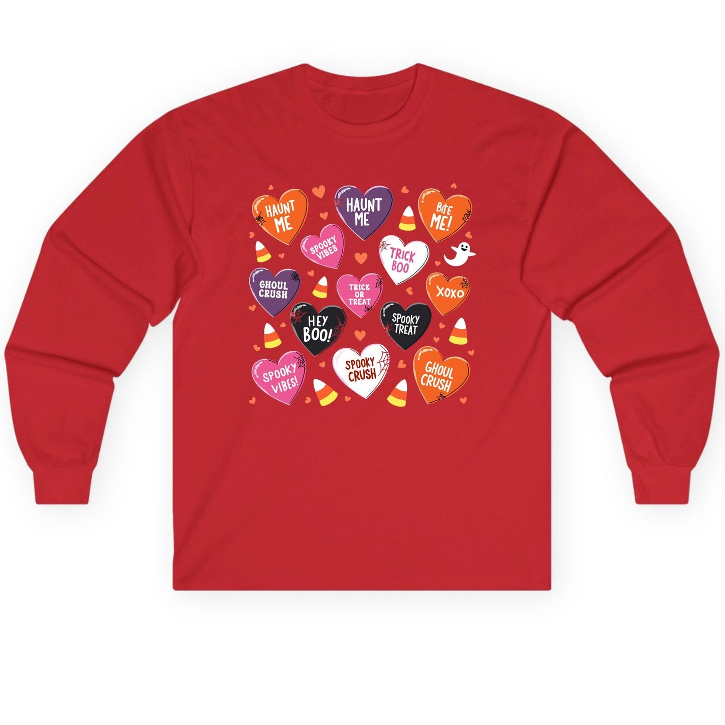 Spooky Halloween Conversation Hearts Halloween conversation hearts Long Sleeve Tee Red product mockup