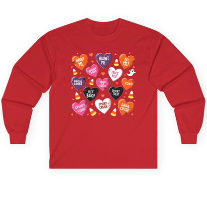 Spooky Halloween Conversation Hearts Halloween conversation hearts Long Sleeve Tee Red product mockup