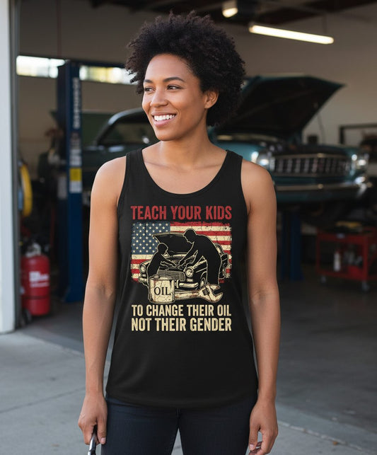 Teach Your Kids to Change Their Oil Not Their Gender car mechanic Tank Top Black lifestyle mockup