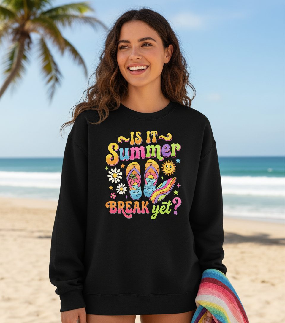 Is It Summer Break Yet Retro Vacation Sweatshirt - lifestyle model mockup - Black
