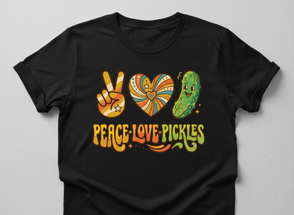 Peace Love Pickles Retro 70s Hippie Design T-Shirt - Black