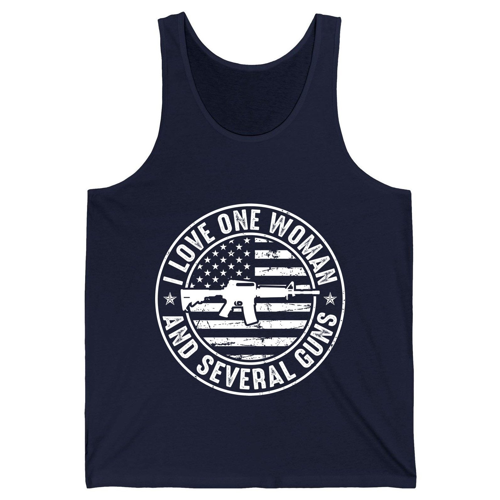 I LOVE ONE WOMAN AND Several GUNS Funny Gun Owners Tank Top - product mockup - Navy
