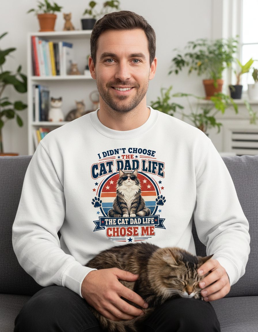 I Didn't Choose the Cat Dad Life the Cat Dad Life Chose Me cat dad Sweatshirt White lifestyle mockup