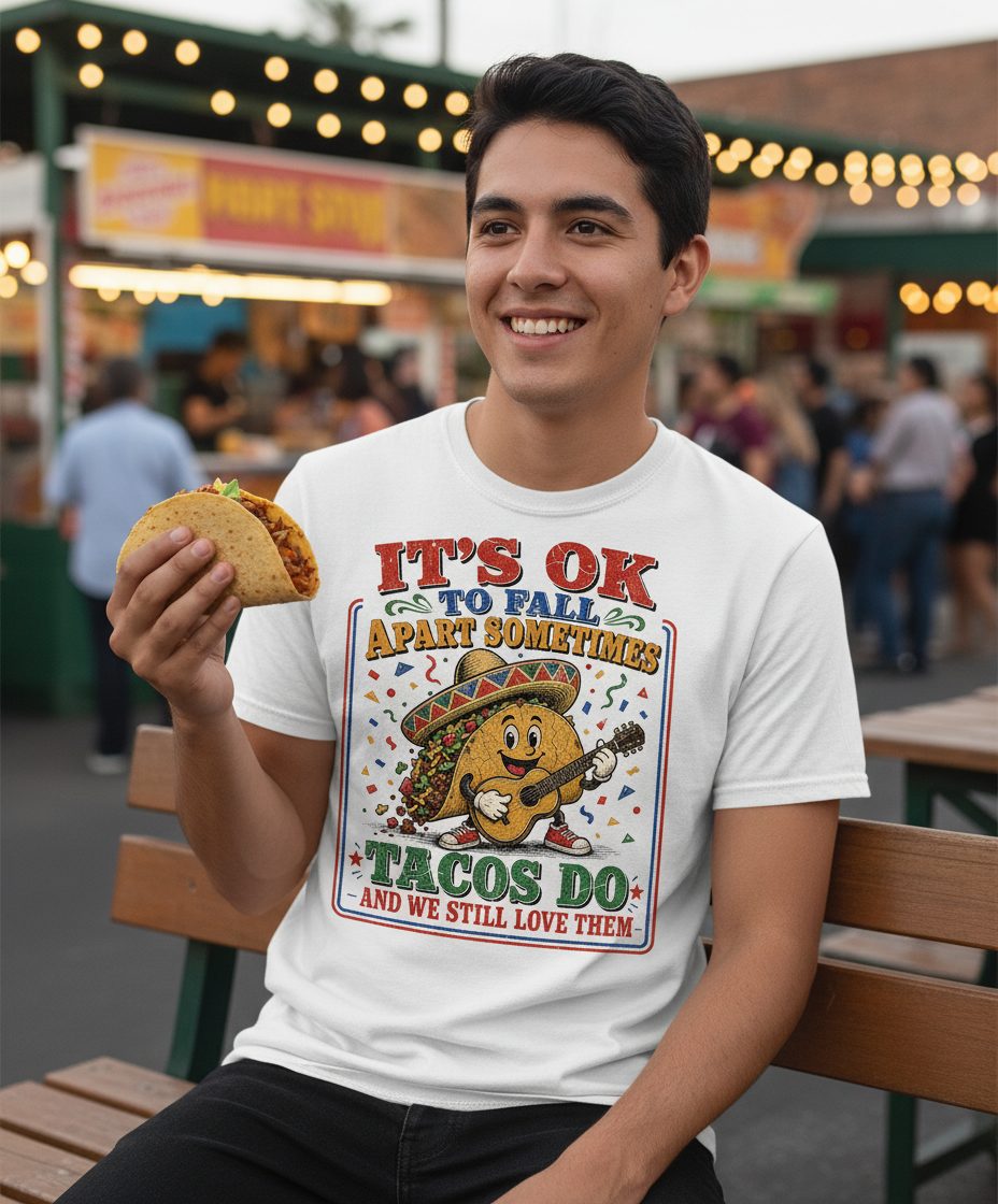 IT'S OK TO FALL APART Sometimes TACOS DO AND WE STILL LOVE T-Shirt - lifestyle model mockup - White