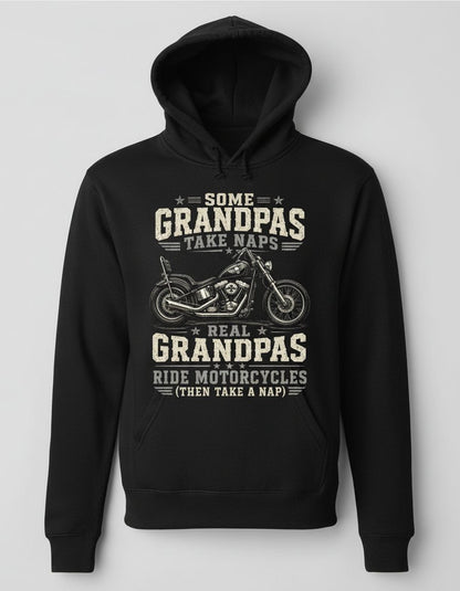 Some Grandpas Take Naps Real Grandpas Ride Motorcycles (then Take a Nap) Funny Biker Hoodie - product mockup - Black