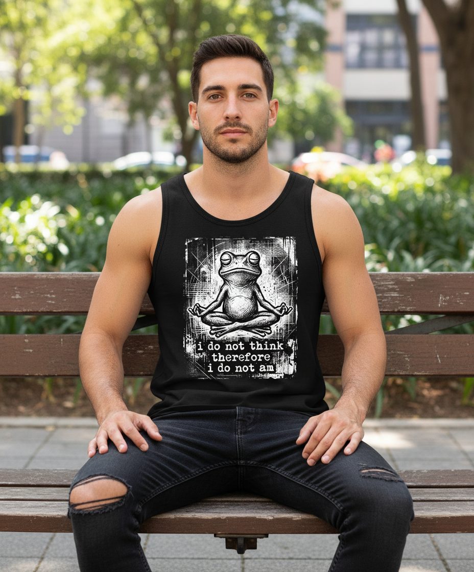 I Do Not Think Therefore I Do Not Am meditating frog Tank Top Black lifestyle mockup