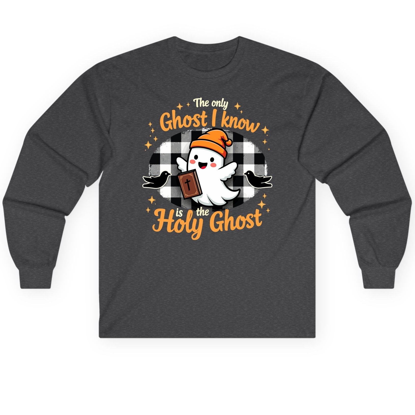 The Only Ghost I Know Is the Holy Ghost christian Halloween Long Sleeve Tee Dark Heather product mockup