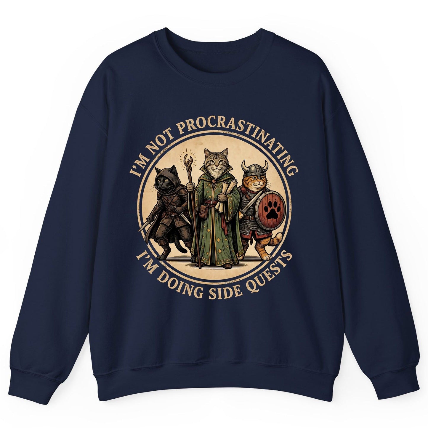 I'm Not Procrastinating I'm Doing Side Quests rpg cats Sweatshirt Navy product mockup
