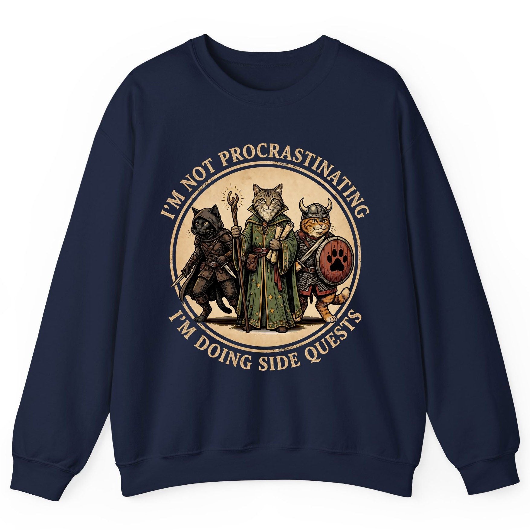 I'm Not Procrastinating I'm Doing Side Quests rpg cats Sweatshirt Navy product mockup
