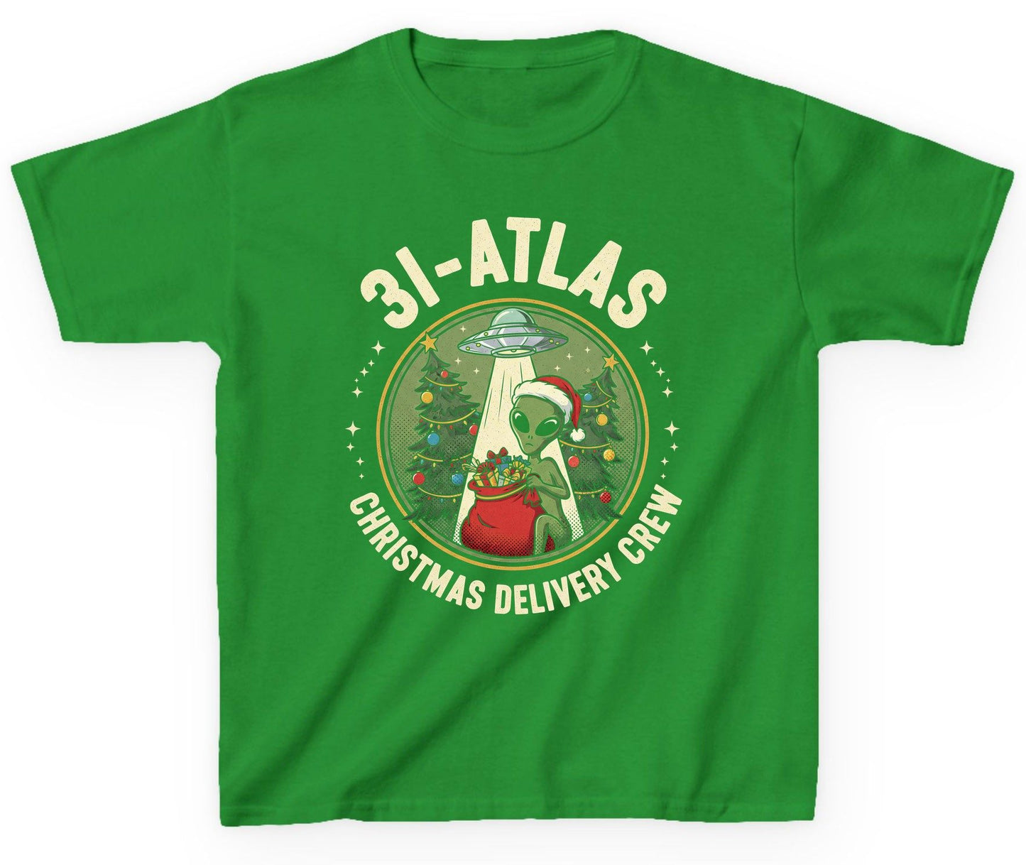 31-Atlas Christmas Delivery Crew alien Christmas Youth T-Shirt Irish Green product mockup