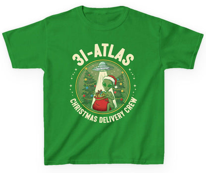 31-Atlas Christmas Delivery Crew alien Christmas Youth T-Shirt Irish Green product mockup