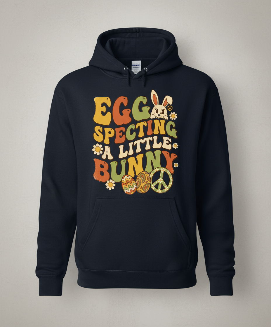 Egg Specting A Little Bunny Groovy Retro Easter Pregnancy Announcement Hoodie - Navy