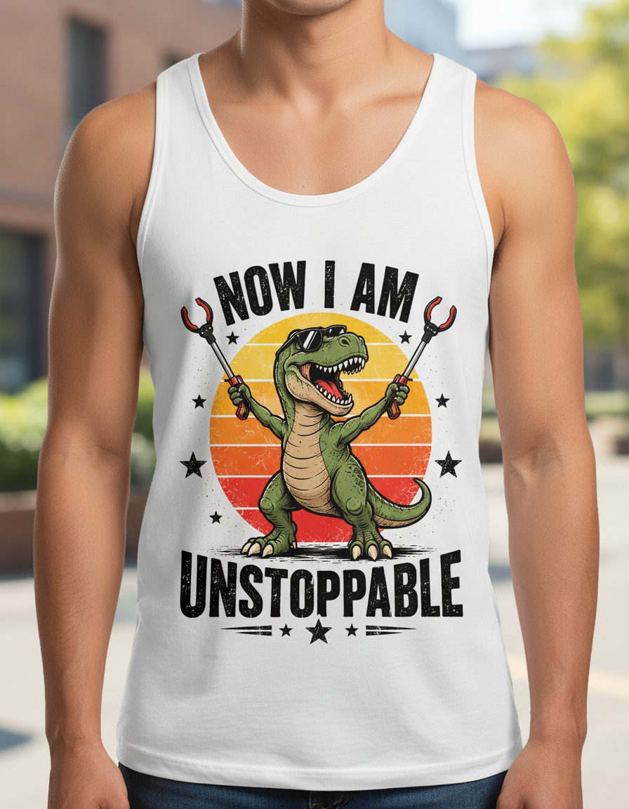 Now I Am Unstoppable Funny Tyrannosaurus Rex Tank Top - product mockup - White