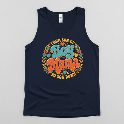 From Son Up to Son Down Boy Mama Retro Mothers of Sons Tank Top - product mockup - Navy