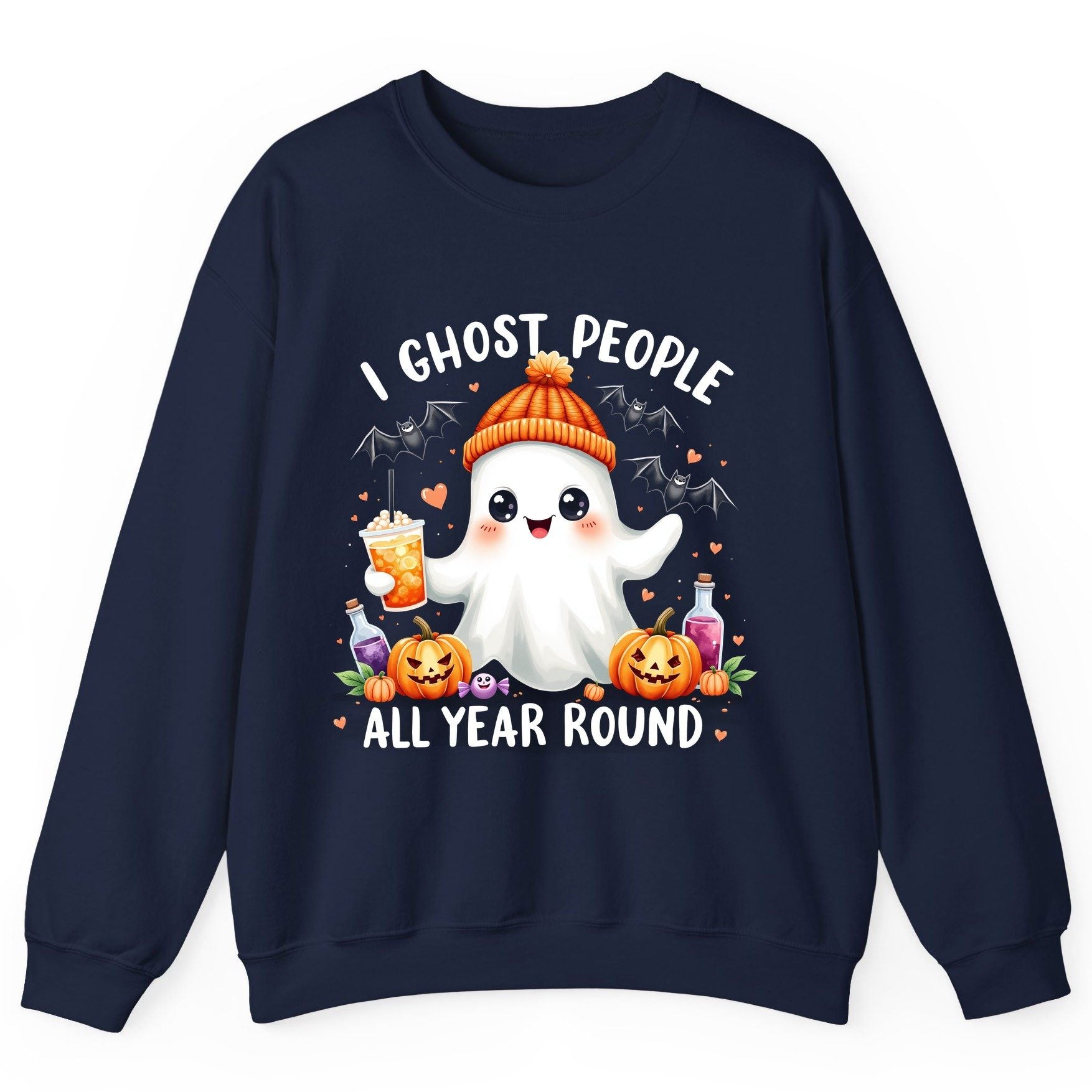 I Ghost People All Year Round cute ghost Sweatshirt Navy product mockup