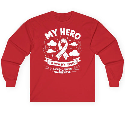 My Hero Is Now My Angel Lung Cancer Awareness lung cancer awareness Long Sleeve Tee Red product mockup