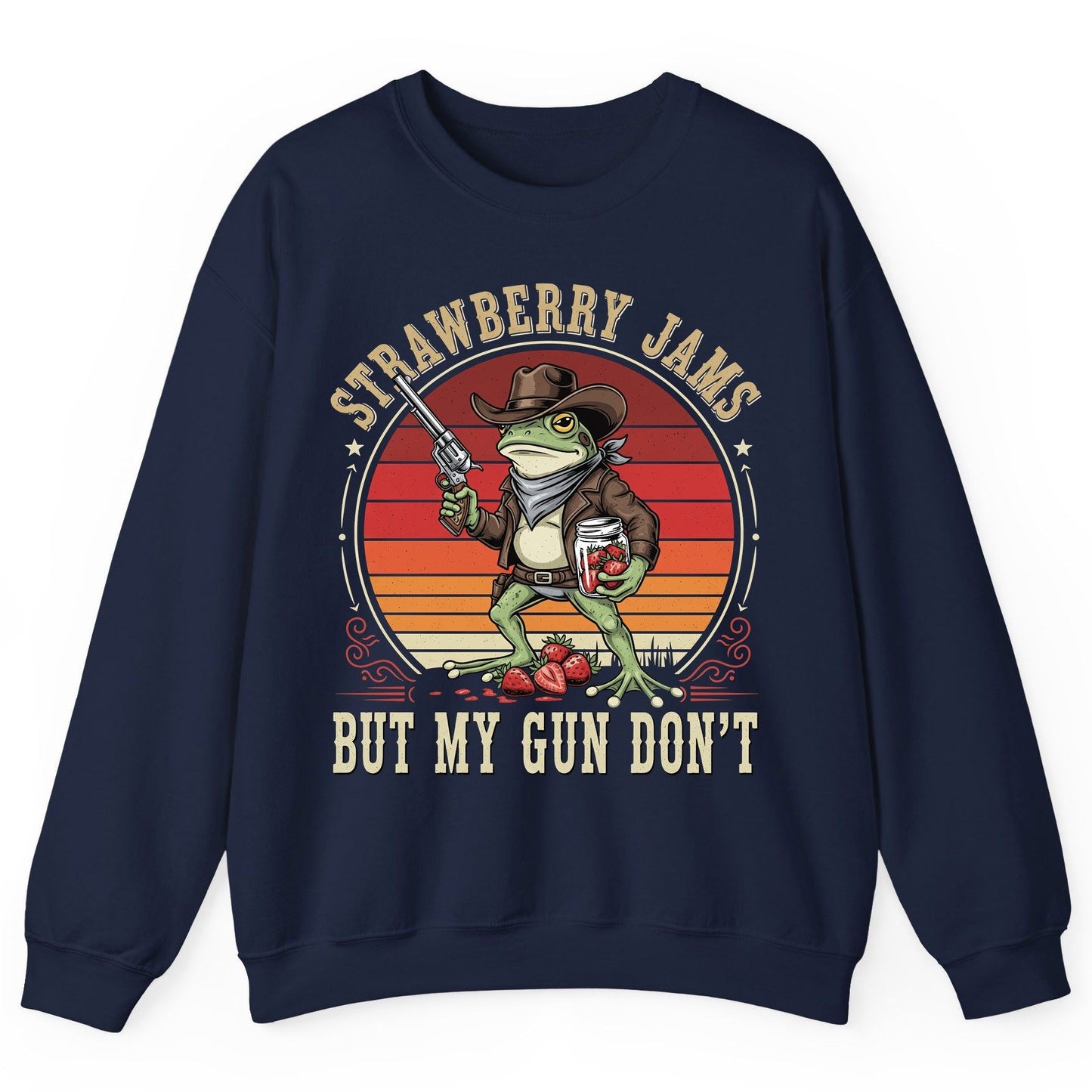 Strawberry Jams but My Gun Don't cowboy frog Sweatshirt Navy product mockup